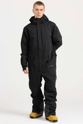 Men's Black Stylish Waterproof & Windproof Loose-Fit One-Piece Ski Suit with Detachable Hood & Multipockets